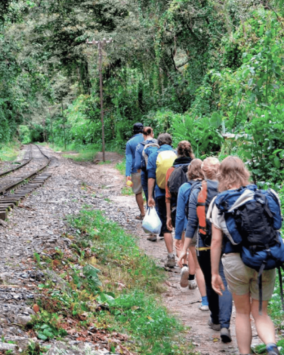 Grupo de viajeros caminando desde Hidroeléctrica hacia Machu Picchu por ruta alternativa