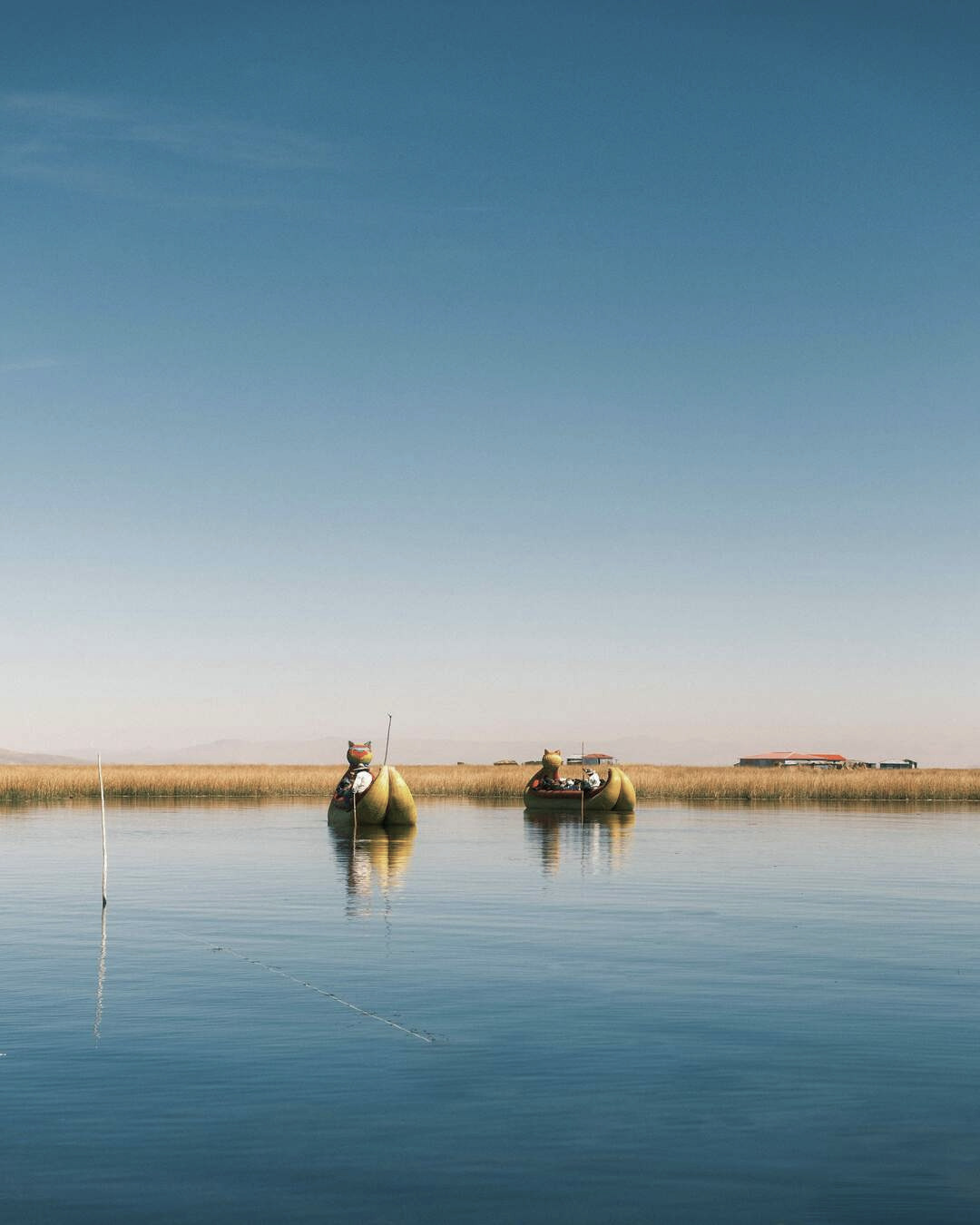 Botes de totora tradicionales frente a las islas flotantes Uros en el lago Titicaca