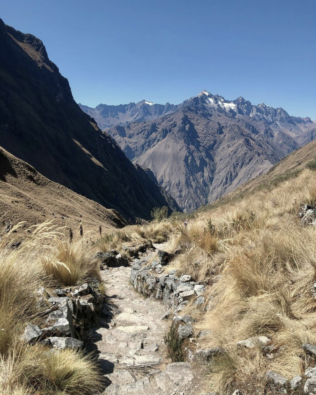 Paisaje montañoso impresionante durante el Camino Inca hacia Machu Picchu en los Andes peruanos
